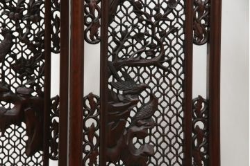 アジアンビンテージ　美品　花梨(カリン)材　迫力ある彫刻のデザインが目を惹く四連衝立て(パーテーション、衝い立て、つい立て、仕切り、ヴィンテージ)(定価約48万円)(R-074196)