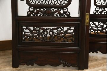アジアンビンテージ　美品　花梨(カリン)材　迫力ある彫刻のデザインが目を惹く四連衝立て(パーテーション、衝い立て、つい立て、仕切り、ヴィンテージ)(定価約48万円)(R-074196)