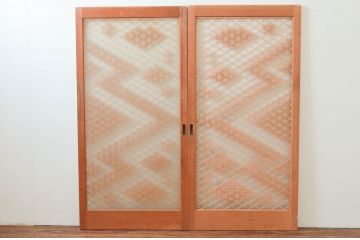 アンティーク建具　両面ガラス　繊細で上品な組子のデザインが魅力の組子入り引き戸2枚セット(引き戸、窓、ガラス戸)(R-074210)