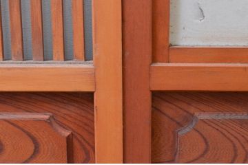 アンティーク建具　腰板欅(ケヤキ)材　上品な和空間を演出してくれる裏障子付き幅狭格子戸4枚セット(引き戸、ガラス帯戸、障子戸)(R-074212)