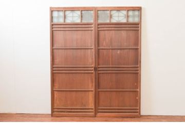 アンティーク建具　お洒落な組子がアクセントになるガラス入り板戸2枚セット(引き戸、帯戸)(R-074214)