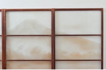 アンティーク建具　珍品!!　希少!!　富士のガラス絵が風情あるガラス戸4枚セット(引き戸)(R-074217)