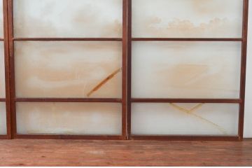 アンティーク建具　珍品!!　希少!!　富士のガラス絵が風情あるガラス戸4枚セット(引き戸)(R-074217)