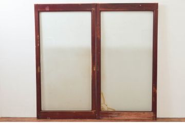 アンティーク建具　総欅(ケヤキ)材　漆塗りが上品な大判ガラス戸2枚セット(引き戸)(R-074218)