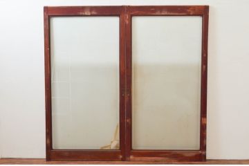 アンティーク建具　総欅(ケヤキ)材　漆塗りが上品な大判ガラス戸2枚セット(引き戸)(R-074218)