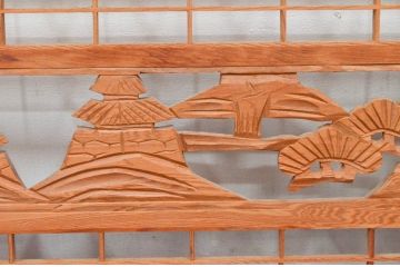 アンティーク建具　近江八景の彫刻が目を惹く組子欄間2枚セット(明り取り、明かり取り)(R-074220)