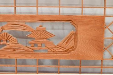 アンティーク建具　近江八景の彫刻が目を惹く組子欄間2枚セット(明り取り、明かり取り)(R-074220)