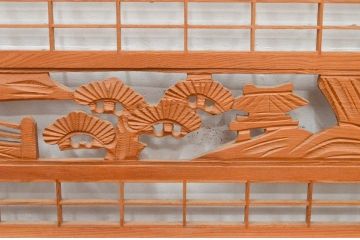 アンティーク建具　近江八景の彫刻が目を惹く組子欄間2枚セット(明り取り、明かり取り)(R-074220)
