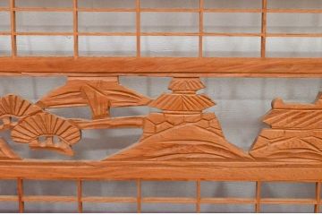 アンティーク建具　近江八景の彫刻が目を惹く組子欄間2枚セット(明り取り、明かり取り)(R-074220)