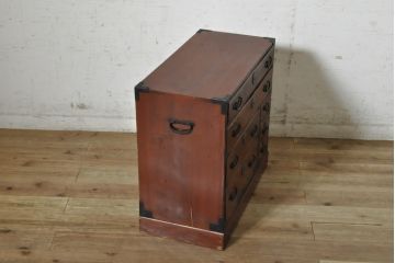 和製アンティーク　上手物!!　前面欅(ケヤキ)材　内部まで漆塗り　上品な金具の仙台小箪笥(仙台箪笥、収納箪笥、時代箪笥、引き出し、サイドチェスト)(R-074224)