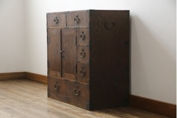 和製アンティーク　上手物!!　三方欅(ケヤキ)材　内部桐材　上品な銅金具の小箪笥(収納箪笥、整理箪笥、引き出し)(R-074240)