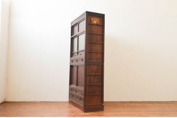 和製アンティーク　結霜ガラス　細部のデザインにこだわりが光る重ね戸棚(水屋箪笥、食器棚、キャビネット、収納棚、戸棚)(R-074253)