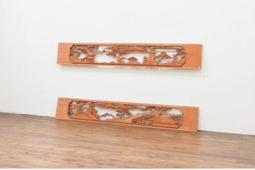 アンティーク建具　近江八景の彫刻が情緒あふれる彫刻欄間2枚セット(明り取り、明かり取り)(R-074278)