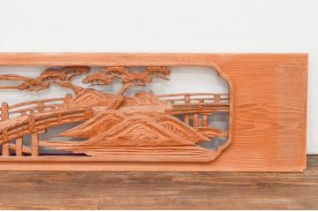 アンティーク建具　近江八景の彫刻が情緒あふれる彫刻欄間2枚セット(明り取り、明かり取り)(R-074278)