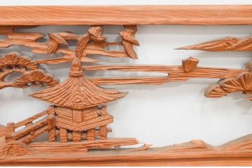 アンティーク建具　近江八景の彫刻が情緒あふれる彫刻欄間2枚セット(明り取り、明かり取り)(R-074278)