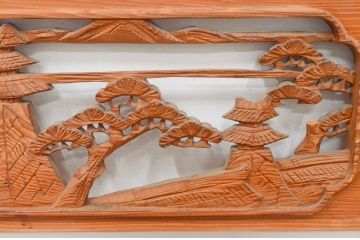 アンティーク建具　近江八景の彫刻が情緒あふれる彫刻欄間2枚セット(明り取り、明かり取り)(R-074278)
