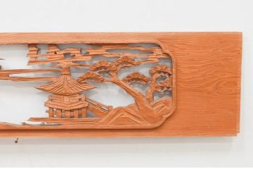 アンティーク建具　近江八景の彫刻が情緒あふれる彫刻欄間2枚セット(明り取り、明かり取り)(R-074278)
