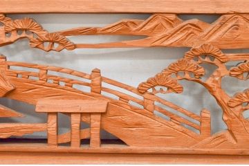 アンティーク建具　近江八景の彫刻が情緒あふれる彫刻欄間2枚セット(明り取り、明かり取り)(R-074278)