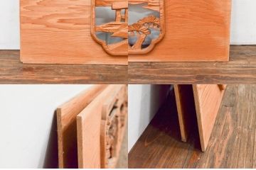 アンティーク建具　近江八景の彫刻が情緒あふれる彫刻欄間2枚セット(明り取り、明かり取り)(R-074278)
