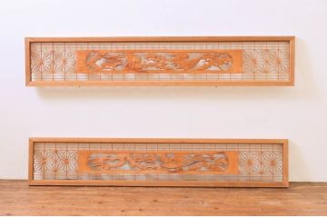 アンティーク建具　松・鷲　彫刻と組子細工の組み合わせが美しい欄間2枚セット(明り取り、明かり取り)(R-074282)