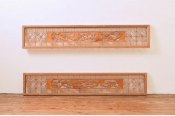 アンティーク建具　松・鷲　彫刻と組子細工の組み合わせが美しい欄間2枚セット(明り取り、明かり取り)(R-074282)