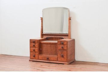 和製アンティーク　高級品!!　タモ材　マーケットリー(寄木細工・象嵌)と凝った作りのスライド扉が魅力的な鏡台(ドレッサー、化粧台、ミラー)(R-074292)