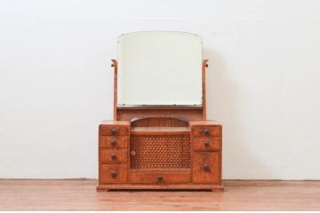 和製アンティーク　高級品!!　タモ材　マーケットリー(寄木細工・象嵌)と凝った作りのスライド扉が魅力的な鏡台(ドレッサー、化粧台、ミラー)(R-074292)