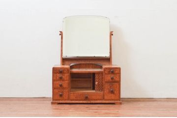 和製アンティーク　高級品!!　タモ材　マーケットリー(寄木細工・象嵌)と凝った作りのスライド扉が魅力的な鏡台(ドレッサー、化粧台、ミラー)(R-074292)
