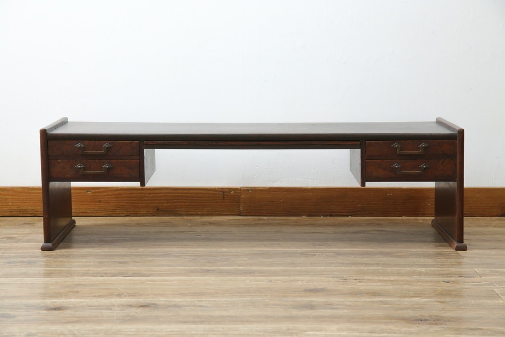 和製アンティーク　総欅(ケヤキ)材　角手銅金具　補助テーブル付きの庄内地方文机　(R-074331)