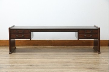 和製アンティーク　総欅(ケヤキ)材　角手銅金具　補助テーブル付きの庄内地方文机　(R-074331)