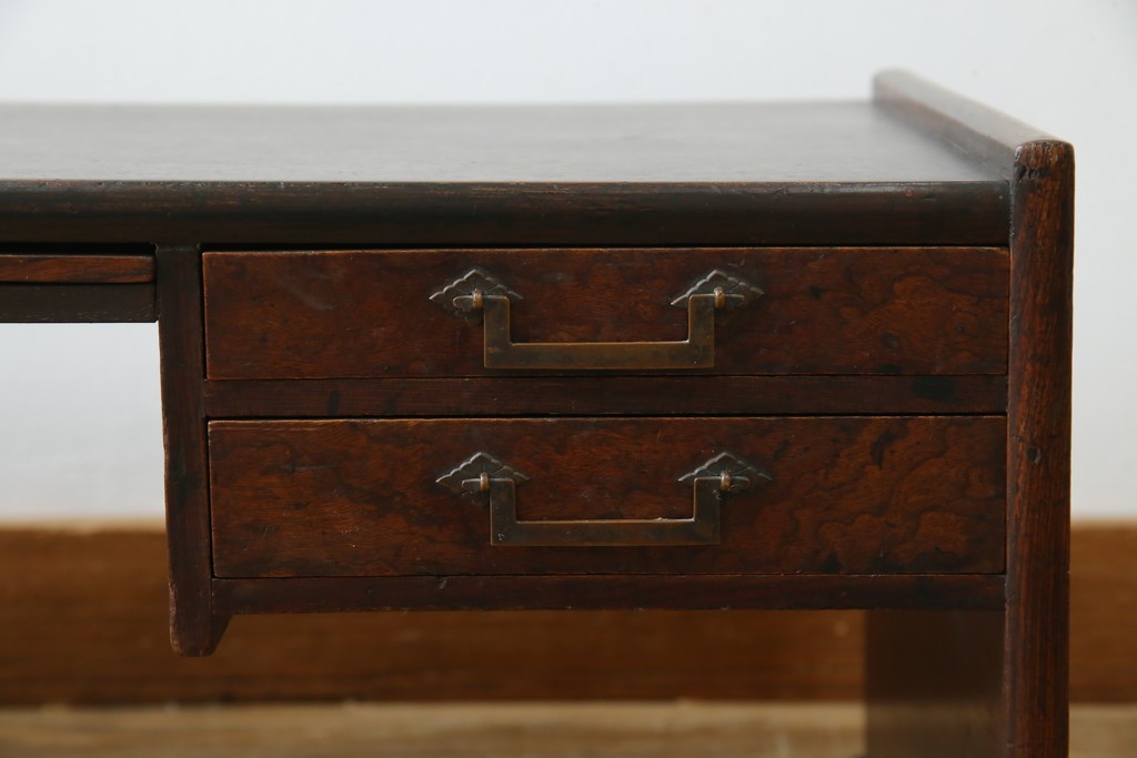 和製アンティーク　総欅(ケヤキ)材　角手銅金具　補助テーブル付きの庄内地方文机　(R-074331)