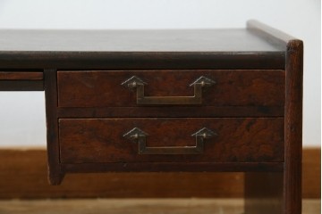 和製アンティーク　総欅(ケヤキ)材　角手銅金具　補助テーブル付きの庄内地方文机　(R-074331)