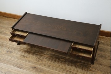 和製アンティーク　総欅(ケヤキ)材　角手銅金具　補助テーブル付きの庄内地方文机　(R-074331)