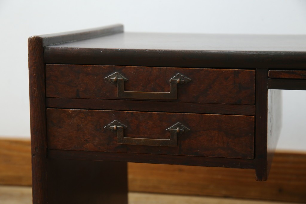 和製アンティーク　総欅(ケヤキ)材　角手銅金具　補助テーブル付きの庄内地方文机　(R-074331)