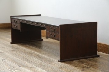 和製アンティーク　総欅(ケヤキ)材　角手銅金具　補助テーブル付きの庄内地方文机　(R-074331)