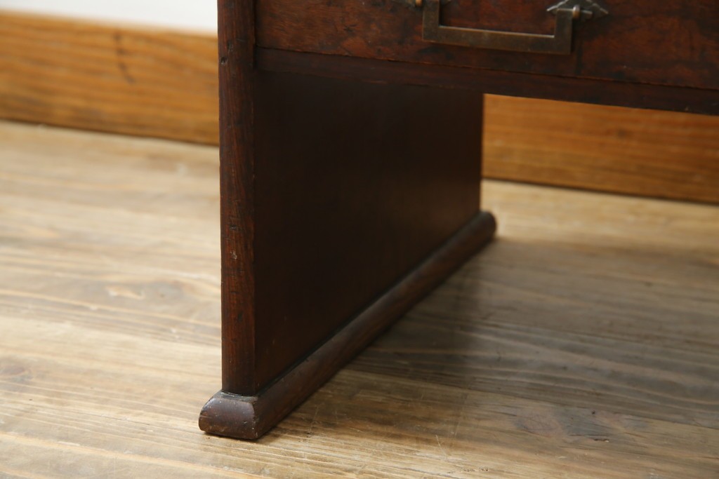 和製アンティーク　総欅(ケヤキ)材　角手銅金具　補助テーブル付きの庄内地方文机　(R-074331)