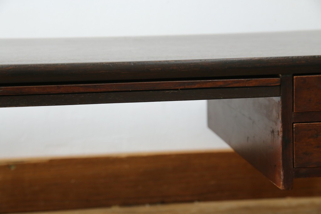 和製アンティーク　総欅(ケヤキ)材　角手銅金具　補助テーブル付きの庄内地方文机　(R-074331)