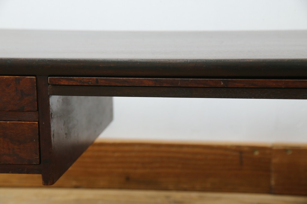 和製アンティーク　総欅(ケヤキ)材　角手銅金具　補助テーブル付きの庄内地方文机　(R-074331)