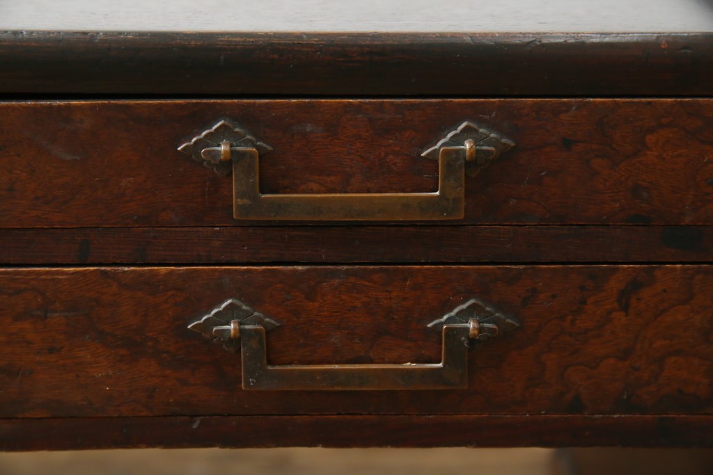 和製アンティーク　総欅(ケヤキ)材　角手銅金具　補助テーブル付きの庄内地方文机　(R-074331)