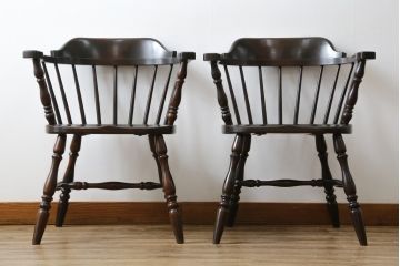 和製ビンテージ　松本民芸家具　#91型　落ち着きのある大人カフェ風インテリアが叶うキャプテンチェア2脚セット(アームチェア、板座チェア、ダイニングチェア、椅子、イス、ヴィンテージ)(定価約26万円)(R-074364)