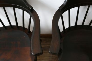 和製ビンテージ　松本民芸家具　#91型　落ち着きのある大人カフェ風インテリアが叶うキャプテンチェア2脚セット(アームチェア、板座チェア、ダイニングチェア、椅子、イス、ヴィンテージ)(定価約26万円)(R-074364)