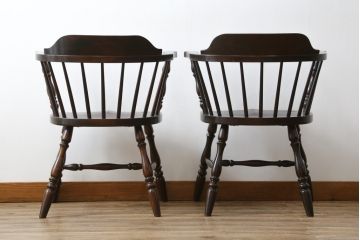 和製ビンテージ　松本民芸家具　#91型　落ち着きのある大人カフェ風インテリアが叶うキャプテンチェア2脚セット(アームチェア、板座チェア、ダイニングチェア、椅子、イス、ヴィンテージ)(定価約26万円)(R-074364)