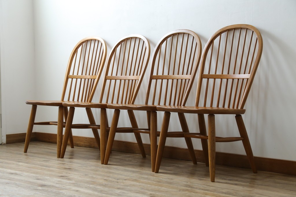 中古　柏木工(KASHIWA)　ナチュラルな木肌のウィンザーチェア4脚セット　(R-074366)