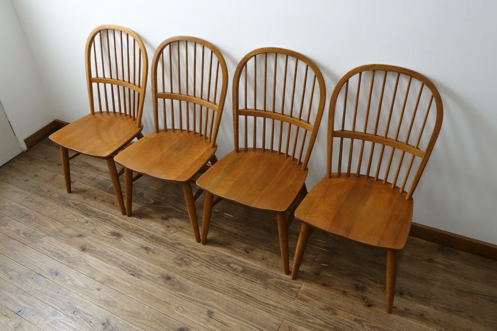 中古　柏木工(KASHIWA)　ナチュラルな木肌のウィンザーチェア4脚セット　(R-074366)