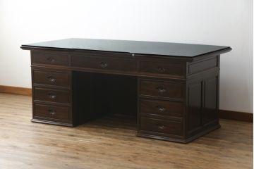 中古　最高級!!　総縞黒檀(シマコクタン)　黒く艶やかな光沢が美しい組み立て式両袖机(ニーホールデスク、ワークデスク、オフィスデスク、在宅ワーク、在宅用)(定価約250万円)(R-074370)