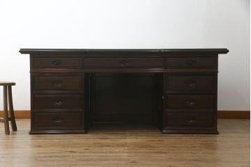 中古　最高級!!　総縞黒檀(シマコクタン)　黒く艶やかな光沢が美しい組み立て式両袖机(ニーホールデスク、ワークデスク、オフィスデスク、在宅ワーク、在宅用)(定価約250万円)(R-074370)