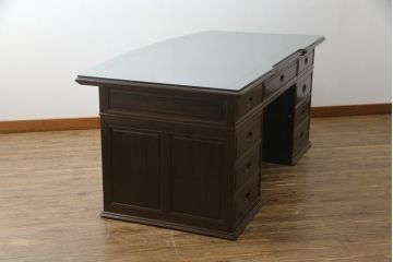 中古　最高級!!　総縞黒檀(シマコクタン)　黒く艶やかな光沢が美しい組み立て式両袖机(ニーホールデスク、ワークデスク、オフィスデスク、在宅ワーク、在宅用)(定価約250万円)(R-074370)