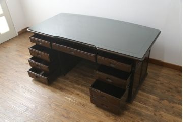 中古　最高級!!　総縞黒檀(シマコクタン)　黒く艶やかな光沢が美しい組み立て式両袖机(ニーホールデスク、ワークデスク、オフィスデスク、在宅ワーク、在宅用)(定価約250万円)(R-074370)