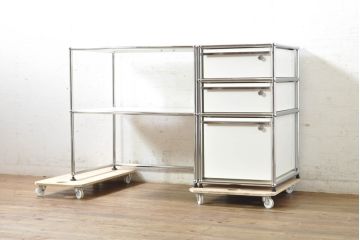 中古　美品　USMハラー(USM Haller)　美しくシンプルなデザインが目を引く鉄製ラックとサイドチェストのセット(サイドボード、サイドキャビネット、デスクワゴン、引き出し、オープンラック、飾り棚)(R-074373)