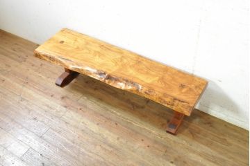 中古　岩手岩泉・純木家具　栃の木一枚板を贅沢に使用したベンチ(長椅子、椅子、イス、2人掛け)(R-074374)